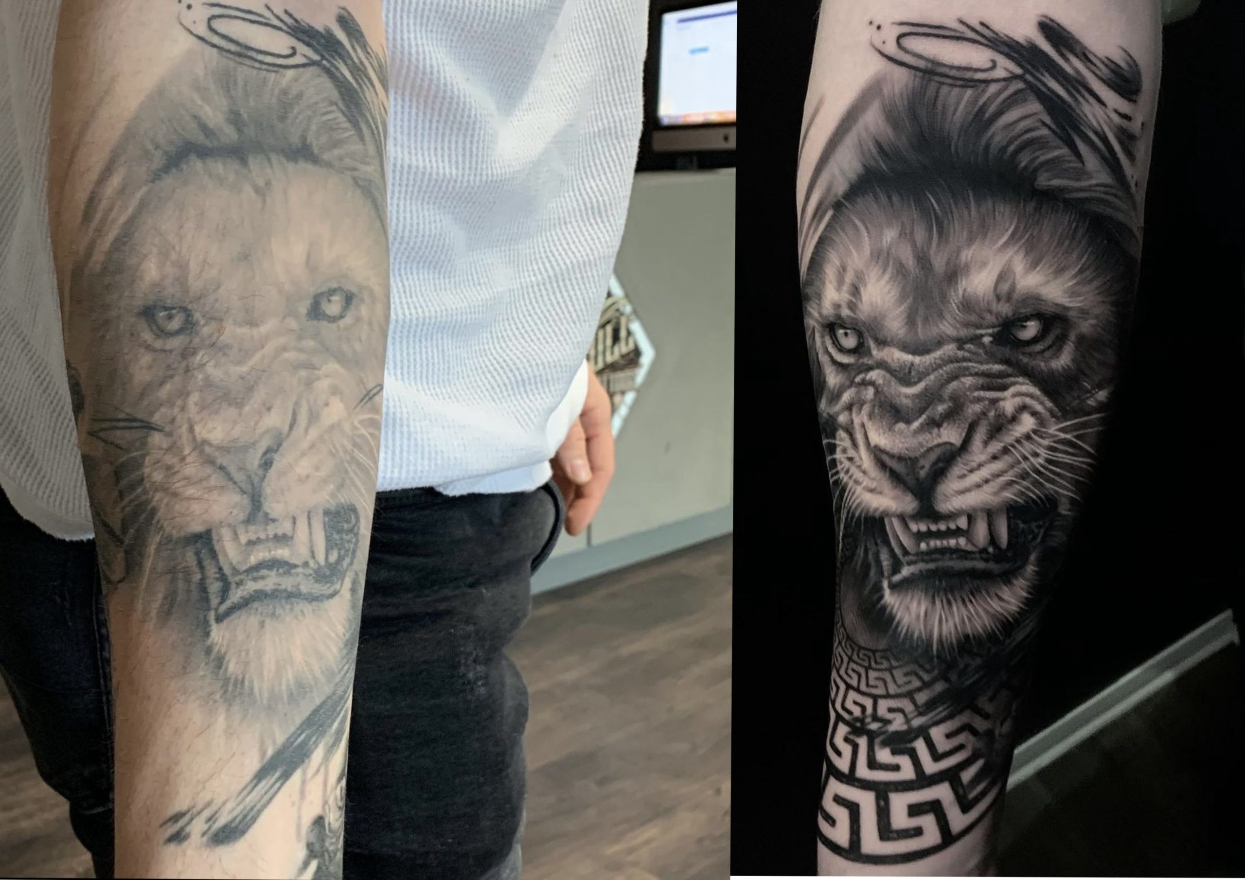 Cover-Up Tattoo Loewe Portrait realistisch Oberarm Studio One 1 Ink